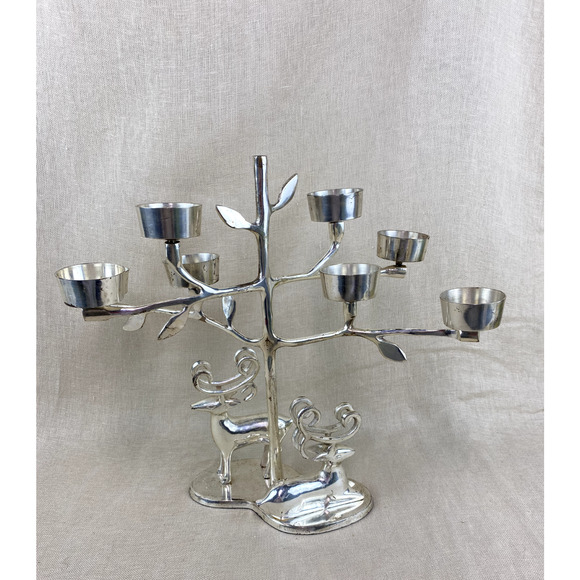 Large Silver Metal Reindeer Tealight Candle Holder Candelabra - Picture 2 of 8